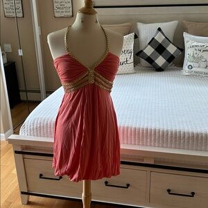 Coral Halter Dress with Gold Accents
